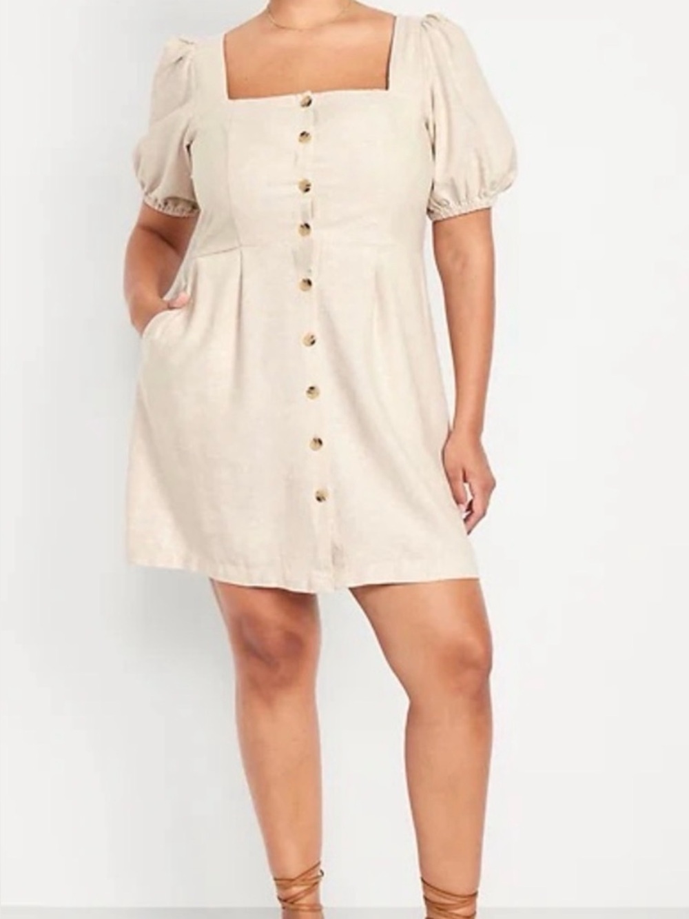 Old Navy Puff-Sleeve Linen-Blend Lagenlook Beach‎ Button Mini Dress Women's SZMT